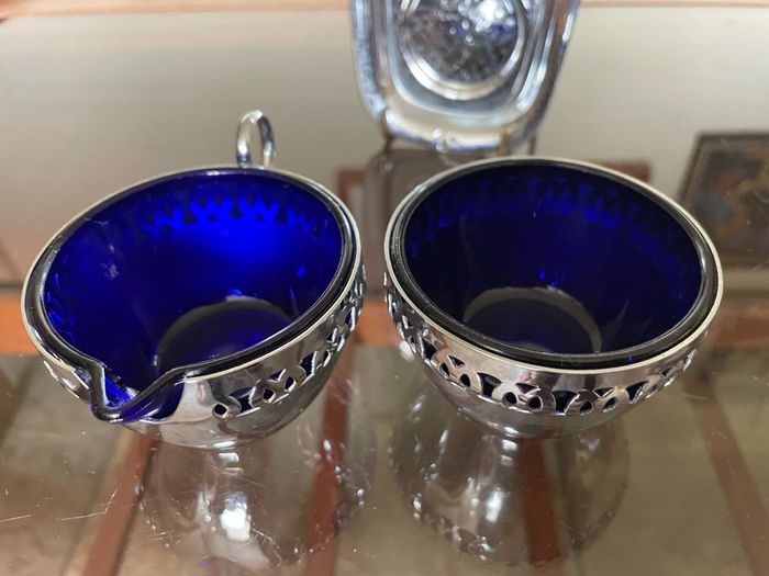 Vintage Silver Chromed Metal Cobalt Blue Glass Sugar and Creamer Set Serving Tray