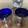 Vintage Silver Chromed Metal Cobalt Blue Glass Sugar and Creamer Set Serving Tray Image 5