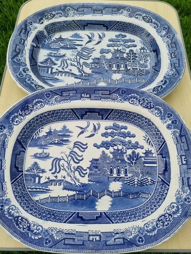 Two large Blue & White Willow Pattern Plates