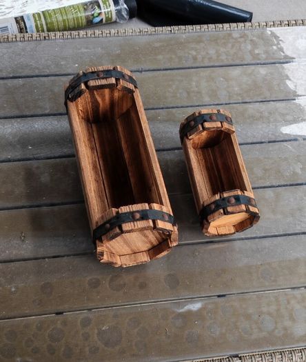 2 Rustic Wooden Barrel Planters   Garden Decorations
