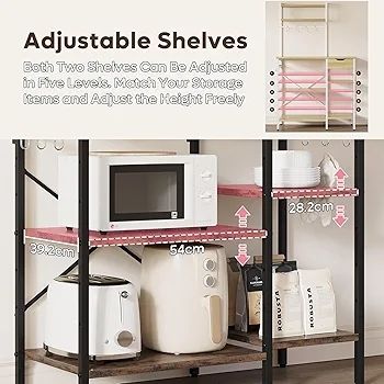 Microwave Oven Rack, 90cm Large Microwave Oven Kitchen Rack with 2 Height-Adjustable and Removable Shelves, High Load-Bearing Design, Drawers, 10 S-Hooks, Kitchen Shelf, Kitchen Storage