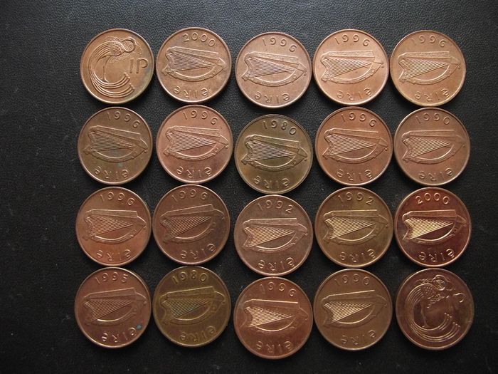 20 Irish 1 penny coins (1980-2000) Nice Condition!