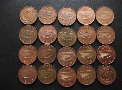 20 Irish 1 penny coins (1980-2000) Nice Condition!
