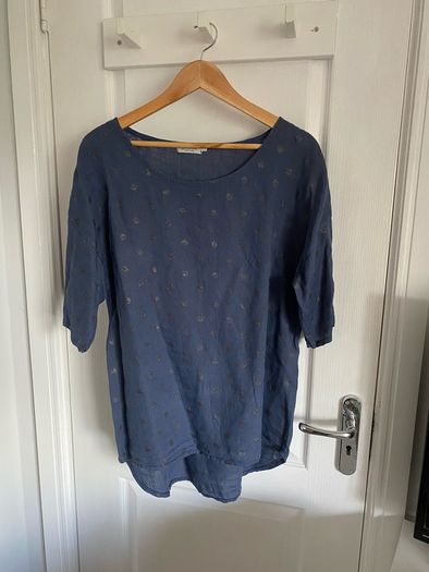 Blu Orchid ladies blue linen top with shimmering polka dots