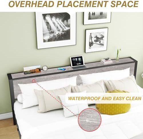 Metal King Size Bed Frame with Storage Wooden Headboard