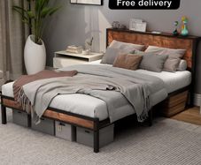 Double Bed Frame with Wooden Storage Shelf Headboard