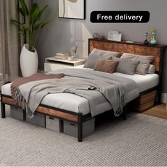 Double Bed Frame with Wooden Storage Shelf Headboard