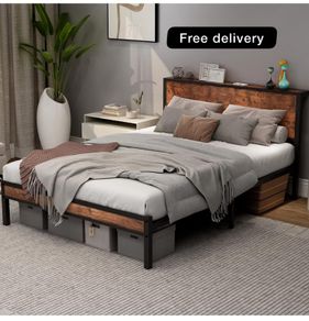 Double Bed Frame with Wooden Storage Shelf Headboard