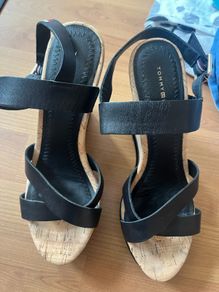 Tommy Hilfiger black leather cork sole wedges