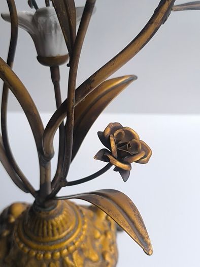 Antique 1930s French Botanical Gilt Metal & Porcelain Candelabra