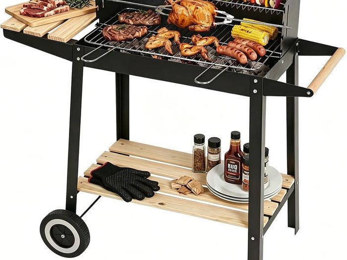 Trolley Barbecue with Warming Rack & Rotisserie Spit for Outdoor Garden Camping Patio