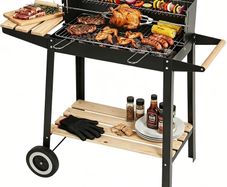 Trolley Barbecue with Warming Rack & Rotisserie Spit for Outdoor Garden Camping Patio