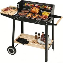 Trolley Barbecue with Warming Rack & Rotisserie Spit for Outdoor Garden Camping Patio