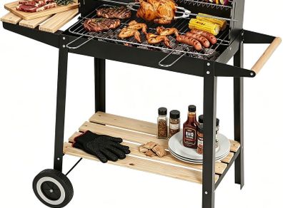 Trolley Barbecue with Warming Rack & Rotisserie Spit for Outdoor Garden Camping Patio