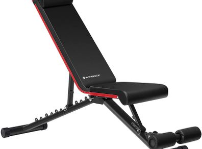 Weight Bench, Folding, Reclining Seat Back, Height Adjustable Seat, No Assembly Required, for Home Training with 1 Headrest, Weight Exercises Black/Red