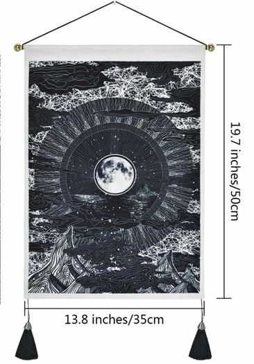 (Pack of 2) Moon and Star Tapestry Ocean Wave Black and White Tapestry Wall Hanging for Room (35 x 50cm)