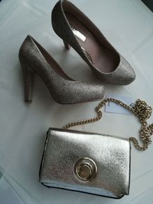 Gold Miss KG heels, size 6 (39) with matching clutch