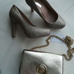 Gold Miss KG heels, size 6 (39) with matching clutch
