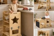 Toddler Tower, Wooden, 4 in 1 Kitchen Step Stool for Kids 1-5, Montessori Weaning Table and Chair Set