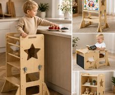 Toddler Tower, Wooden, 4 in 1 Kitchen Step Stool for Kids 1-5, Montessori Weaning Table and Chair Set