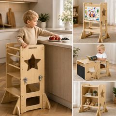 Toddler Tower, Wooden, 4 in 1 Kitchen Step Stool for Kids 1-5, Montessori Weaning Table and Chair Set