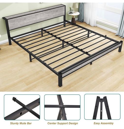 Double Bed Frame Storage Wooden Headboard Metal Platform Grey wood headboard storage shelf. Sturdy metal platform frame, no box spring needed. Quiet strong legs. for master bedroom