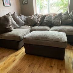 L shaped couch with poof