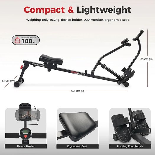 Compact Adjustable Rowing Machine, Cardio Exercise Equipment with 12 Levels of Resistance for Complete Body Workouts