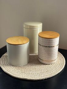 Set of 3 kitchen storage canisters with wooden lids
