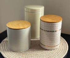 Set of 3 kitchen storage canisters with wooden lids