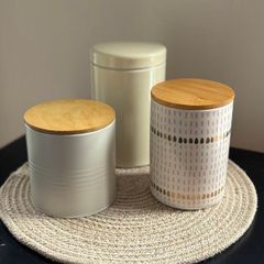 Set of 3 kitchen storage canisters with wooden lids