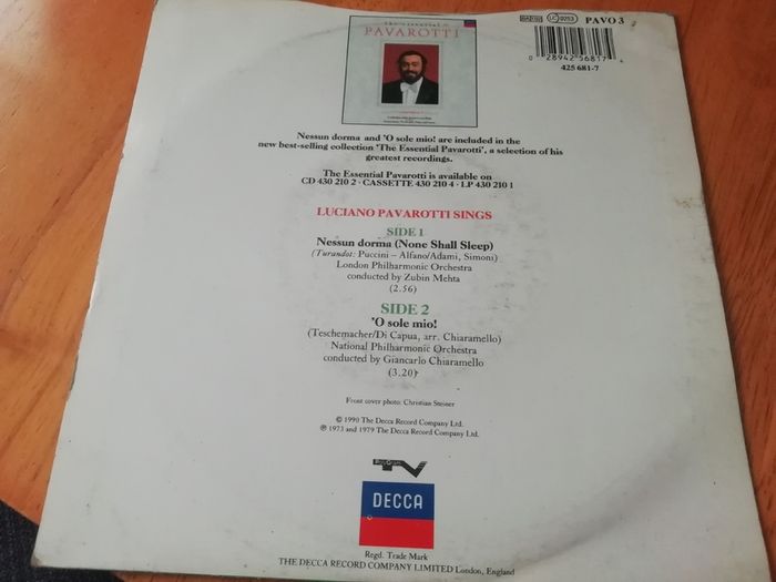 Pavarotti Italia 90 World Cup 7" Vinal Soundtrack