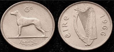 [#714] - Ireland 1966 | 6 Pence | Wolfhound | KM.13a | UNC