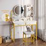 Dressing Table Set, with height adjustable mirror for 120by180 cm, LED Lights with Adjustable Brightness, Vanity Table with stool, 2 fabric Drawers and 4 Open Compartments, 80by40by136cm, White+Gold Image 5