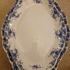 Antique Doulton Burslem Norfolk Blue White Platter Pair, Early 1900s, Staffordshire