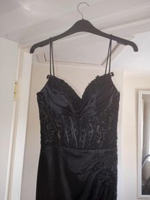 Corset Mermaid Satin Prom Dress with Slit, black, size 6