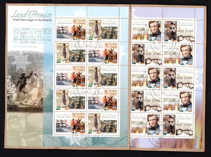 2001 Ireland Irish Heritage in Australia (Ned Kelly, Peter Lalor, Settlers, emigrants) Commemorative Stamp Sheetlet Fine Used with Dublin CDS cancel of 3rd May 2001(Frist day of issued) on envelope extract