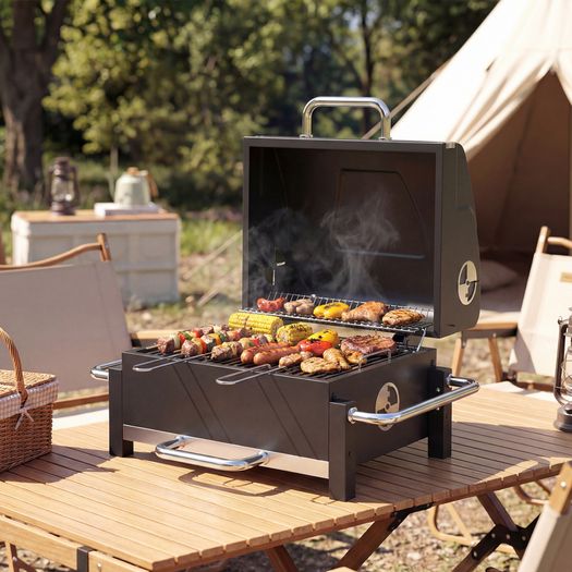 Steel Charcoal Grill Portable BBQ Smoker with Lid Adjustable Vents Two-Stage Charcoal Pan Thermometer