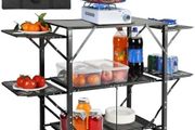Camping Kitchen Table, One-piece Folding Portable Cook Station with A Carrying Bag, Aluminum Camping Table 4 Iron Side Tables &amp; 2 Shelves,