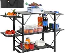 Camping Kitchen Table, One-piece Folding Portable Cook Station with A Carrying Bag, Aluminum Camping Table 4 Iron Side Tables & 2 Shelves,