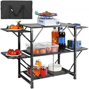 Camping Kitchen Table, One-piece Folding Portable Cook Station with A Carrying Bag, Aluminum Camping Table 4 Iron Side Tables & 2 Shelves,