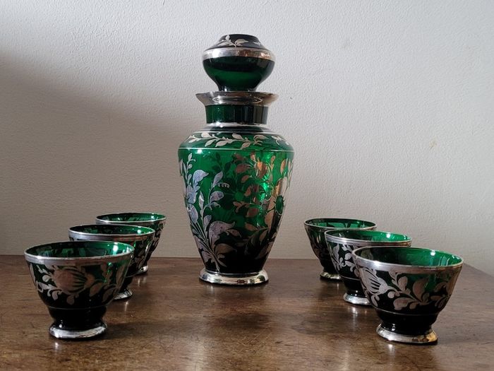 Art noveau emerald green silver overlay decanter & six cup set
