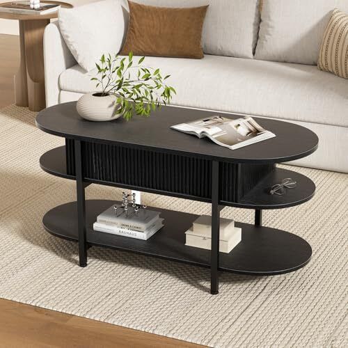 Coffee Table, Fluted Wood Center Table with Hidden Storage
