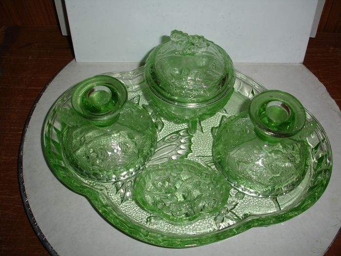 English 1920s Art Deco Green Glass Boudoir Table Trinket Set by Sowerby.