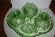 English 1920s Art Deco Green Glass Boudoir Table Trinket Set by Sowerby.