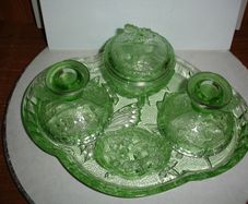 English 1920s Art Deco Green Glass Boudoir Table Trinket Set by Sowerby.