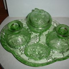 English 1920s Art Deco Green Glass Boudoir Table Trinket Set by Sowerby.