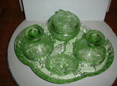 English 1920s Art Deco Green Glass Boudoir Table Trinket Set by Sowerby.
