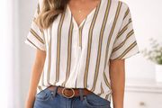 Women's V-neck blouse featuring a vertical striped pattern: Size 12