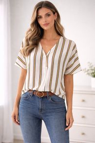 Women's V-neck blouse featuring a vertical striped pattern: Size 12